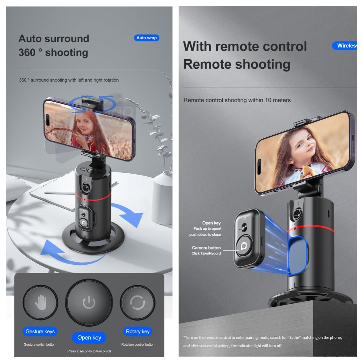 Treppiede con rilevamento automatico del viso rotazione a 360 °, supporto per telefono con tracciamento automatico treppiede in movimento remoto per Vlog Video dal vivo