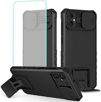 Case for Galaxy A05 Case, Samsung A05 SM-A055F Case with Tempered Glass Screen Protector and Slide Camera Cover, Heavy Duty Kickstand Slim Protective Phone Cover for Samsung Galaxy A05 Black