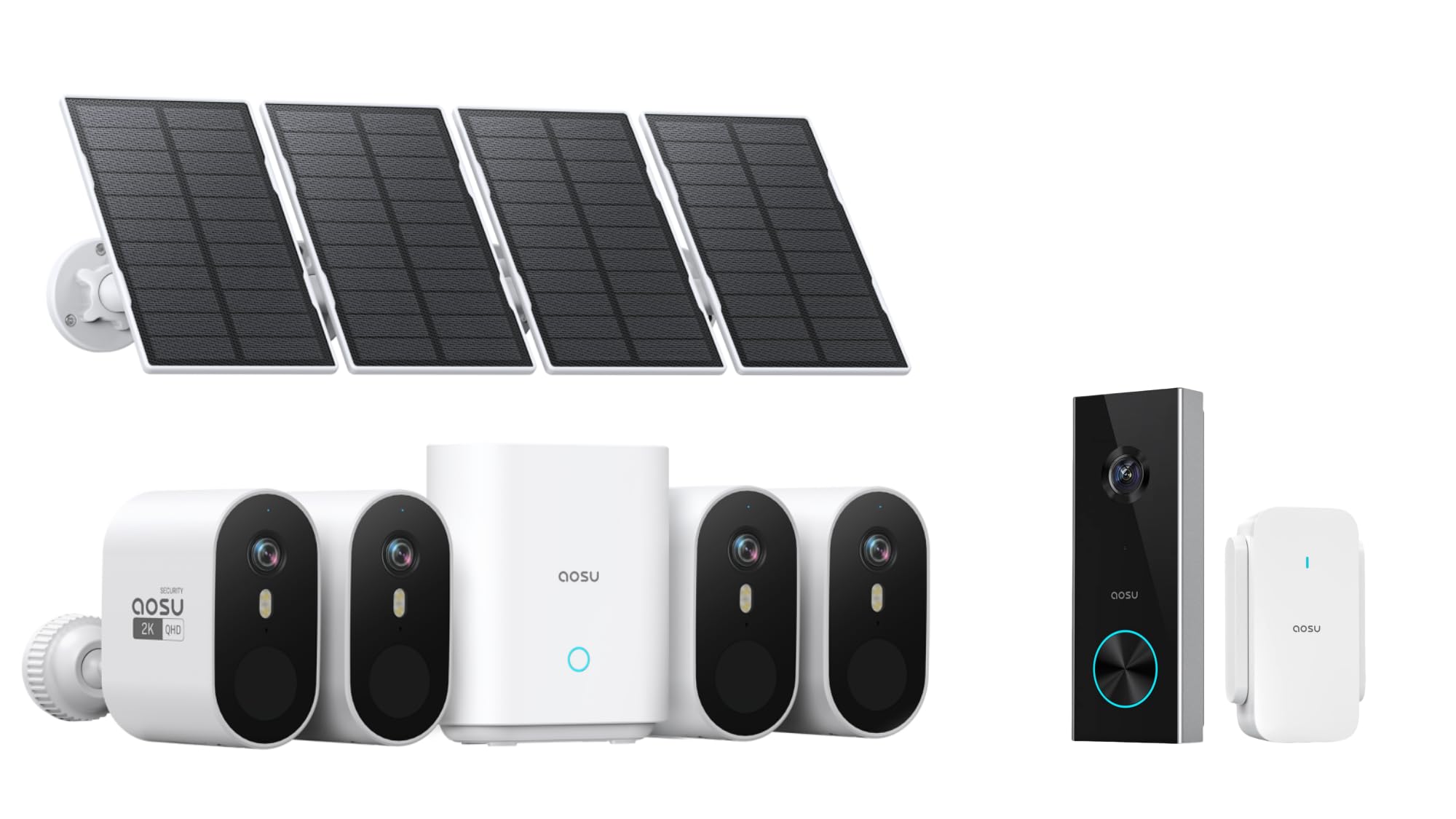 AOSU SolarCam Pro System 4-Kit + 2K Doorbell Camera - No Monthly Fee