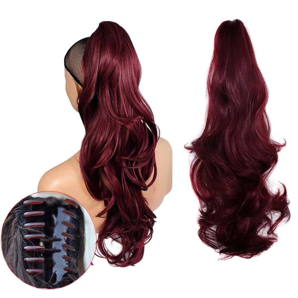 LaLuLoLi 20" Wine Red Claw Ponytail Synthetic Ponythetic Ponytail Clip in Hair Extensions Party Daily Use Long Curly Wavy Synthetic Hairpiece 140g Hairpiece Wig with Jaw Clip for Women Girl Lady