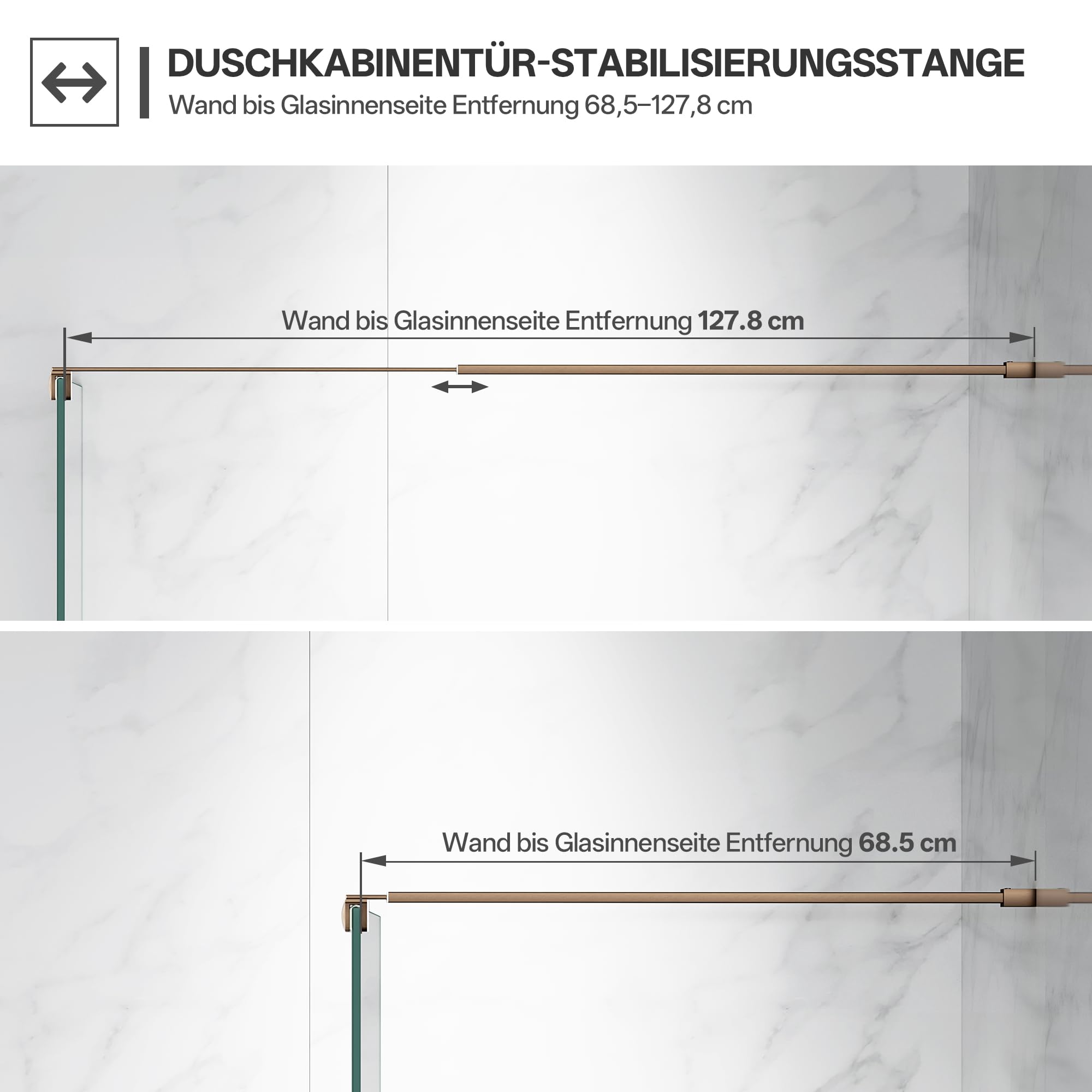 Barra telescopica di supporto da parete per box doccia in acciaio inox, regolabile 68,5-127,8 cm (dal muro al bordo interno del vetro), per vetri 6-10 mm, oro rosa spazzolato