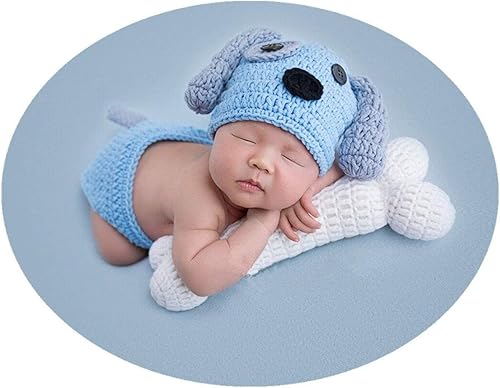 Miniatura 2 de Traje de bebé recién nacido, accesorios para fotos, trajes de ganchillo de punto azul con gorro de perro, pantalones cortos con hueso para niños y