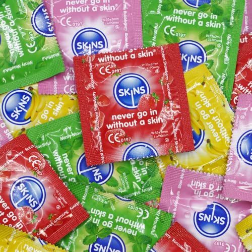 Preservativos con sabor Skins para uso oral y sexual, caja grande de condones, paquete a granel de condones con sabor premium, 100 para un máximo disfrute