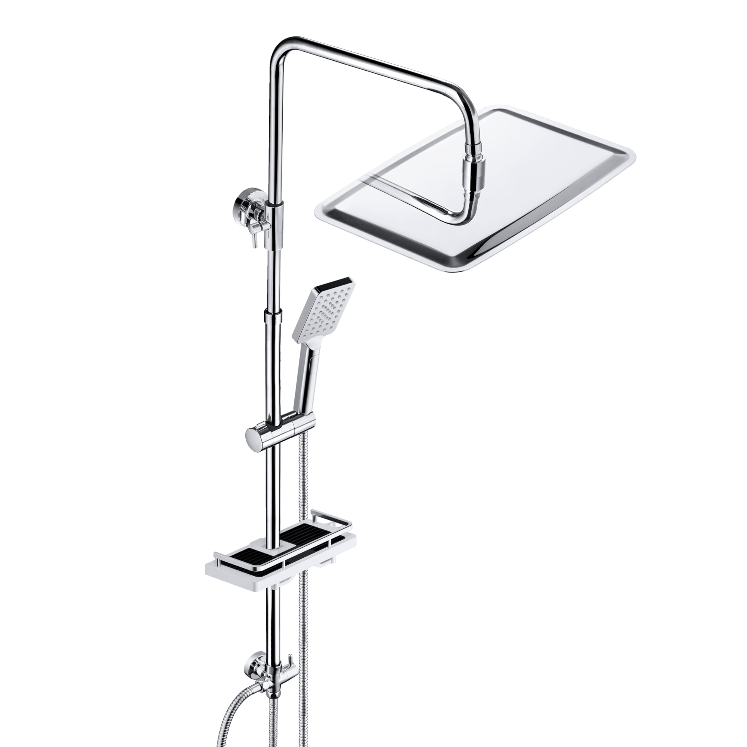 JOHO Regendusche Duschsystem ohne Duscharmatur Chrom Wassersparend Duschset mit Ablage, Duschkopf, Duschstange, Duschschlauch, Kopfbrause(3525 mit Ablage CP)