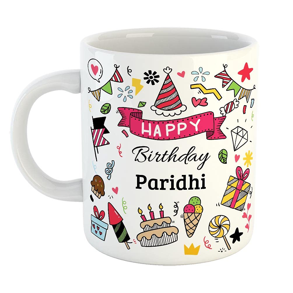 FurnishFantasy Happy Birthday Ceramic Coffee Mug - Best Birthday Gift for Son, Daughter, Brother, Sister, Return Gift for Kids - White, Name - Paridhi (B09924BHMC) Amazon Price History, Amazon Price Tracker