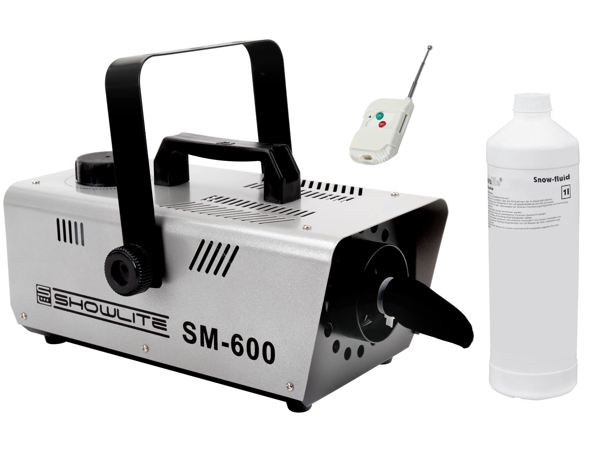 Showlite SM-600 Macchina della Neve incl. Telecomando Wireless + Set 1 L Liquido Neve (Portata Neve: 30 m³/min, Capacità Serbatoio: 1 L, incl. Staffa di Sospensione)
