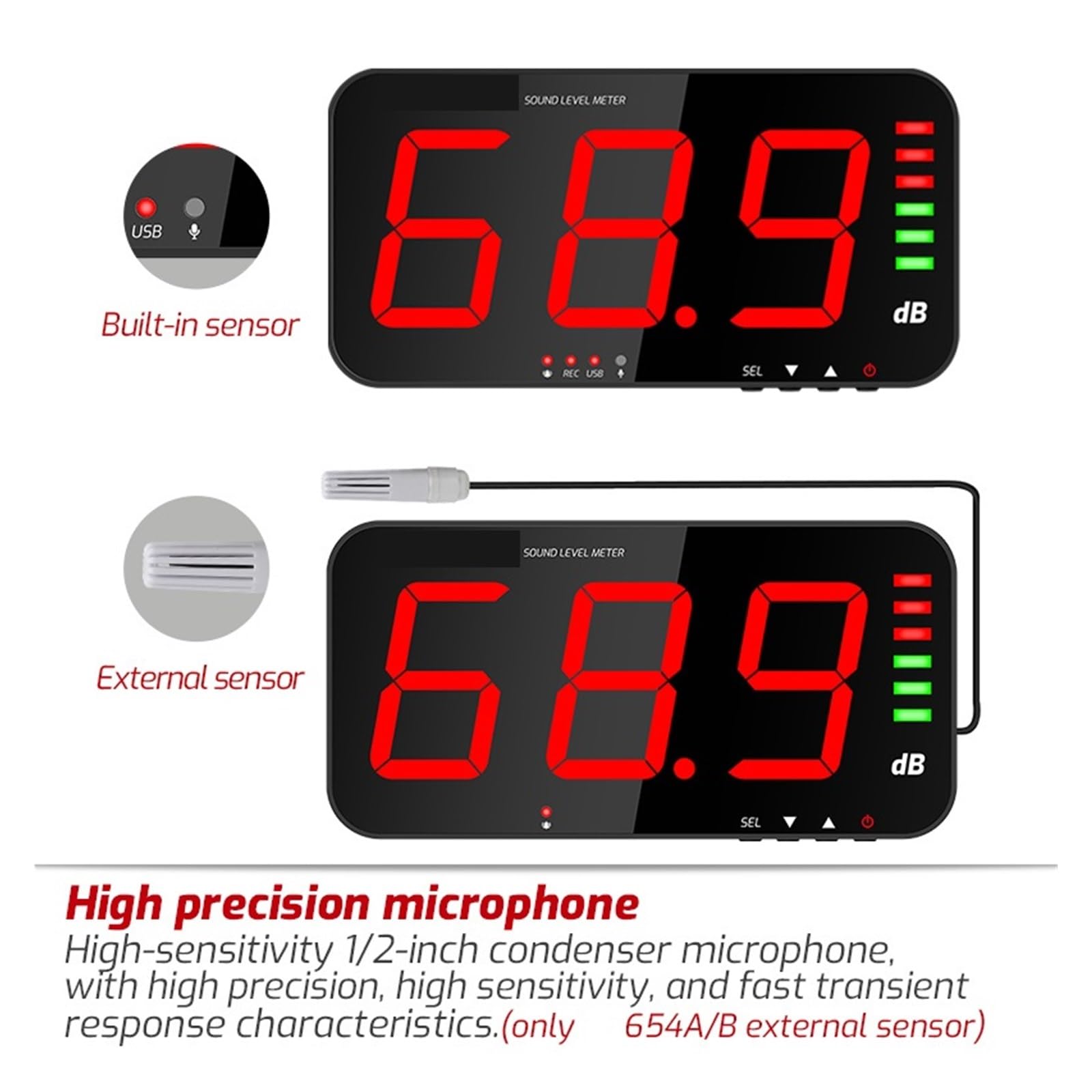 Medidor De Nivel Sonido Digital Con Pantalla Grande, Ruido DB, Alarma For Colgar En La Pared, For Hospitales, Restaurantes, Bares Y Escuelas PrecisióN Extremadamente Alta(653A)