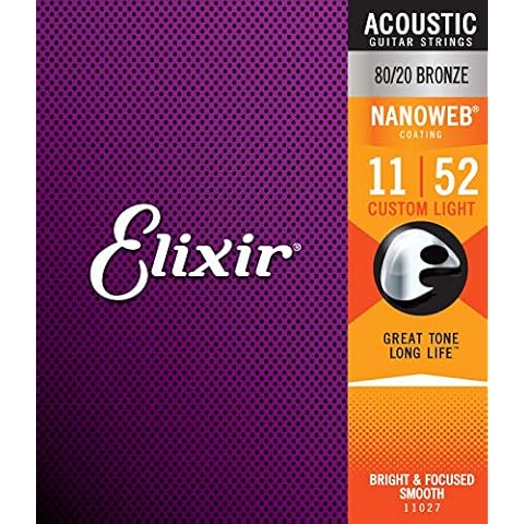 Elixir 11027 Strings 80/20 Bronze Acoustic Guitar Strings w NANOWEB Coating, Custom Light (.011-.052) Cover