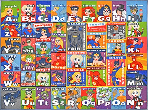 KC Cubs | DC Super Hero ABC Alphabet Traits & Emotions Educational Learning & Game Area Rug Carpet for Kids and Children Bedrooms and Playroom