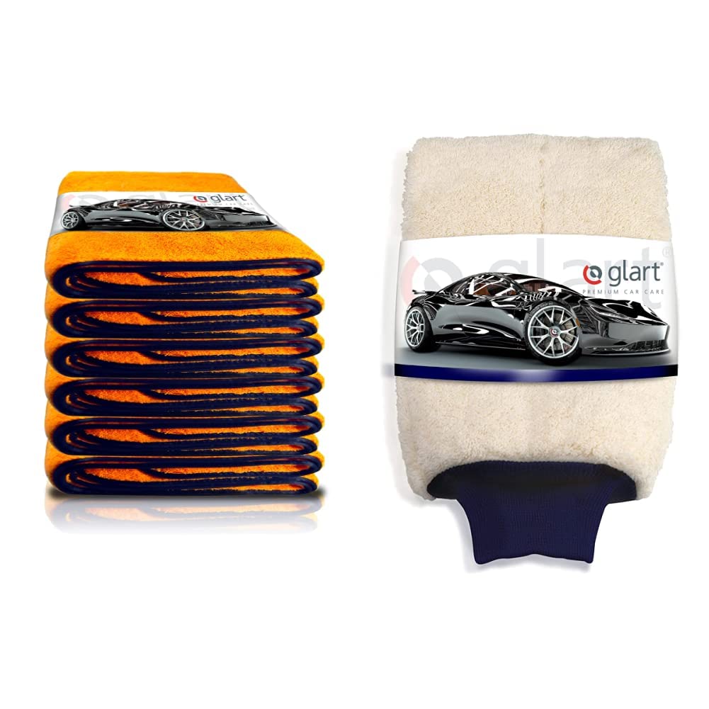 Glart 44WG6 Watergate 6er Set Mikrofasertücher super saugfähiges Microfasertuch, 60x90 cm, orange & 44WH Premium Mikrofasertuch Auto Waschhandschuh für Autopflege Schaumdüse Autowäsche