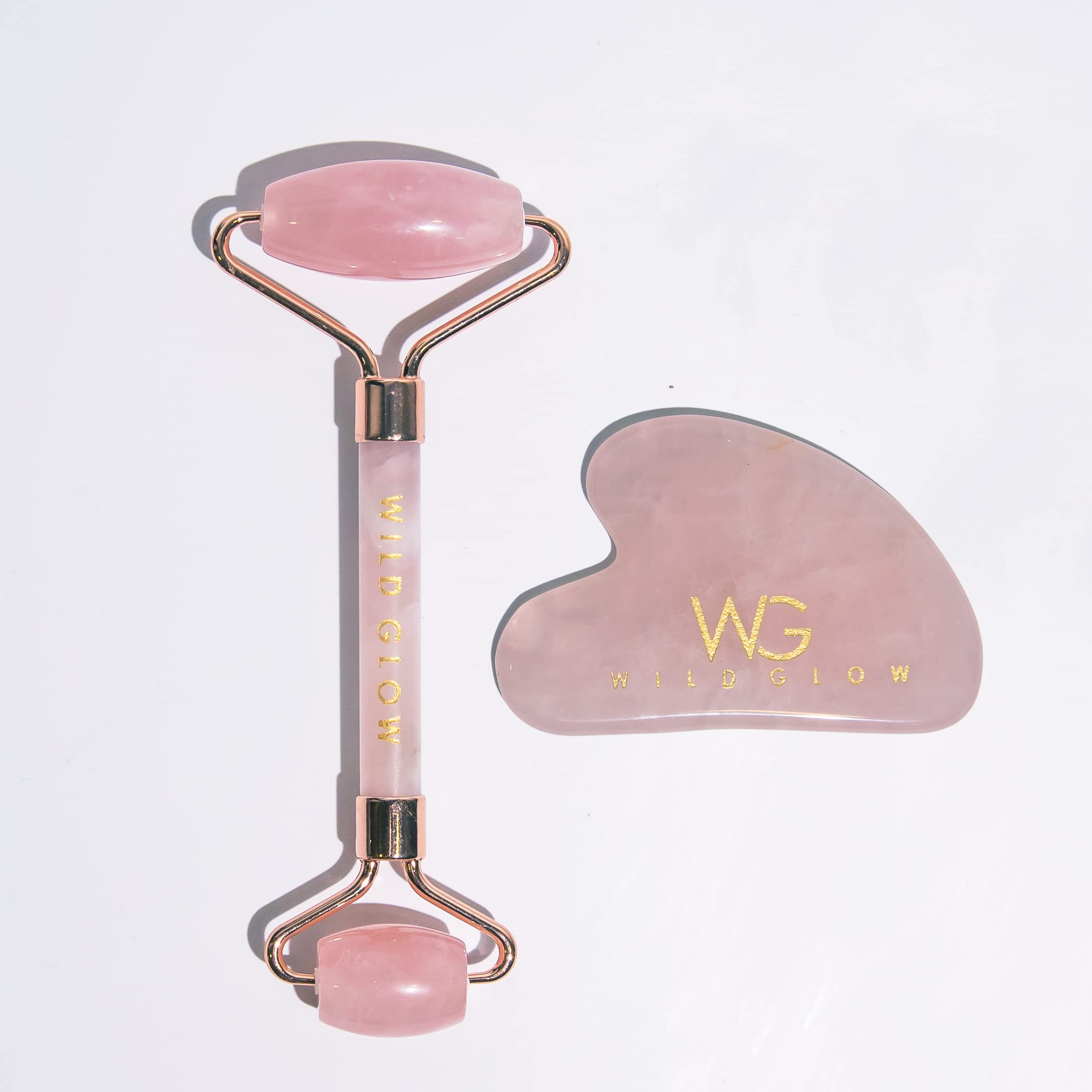 WildGlow Face roller & Gua Sha combo, Brazilian Rose Quartz skincare tool, 100% natural Brazilian Stone, Promotes healthy Skin, Skin tightening, Promote blood circulation, Set of 2
