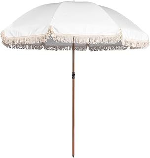 7.5Ft Patio Beach Umbrella with Fringe & Tassel, UPF50+ Push Button Tilt & Crank, Ideal for Garden, Lawn, Deck, Yard & Pool