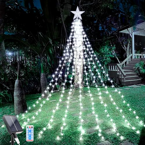 WoskjXas Luces Arbol Navidad con Estrella, 9 Piezas 2M 198LEDs Solar Guirnalda de Luces de Navidad con Control Remoto, 8 Modos Impermeable Cascada Luces, Luces de Navidad Decorativas