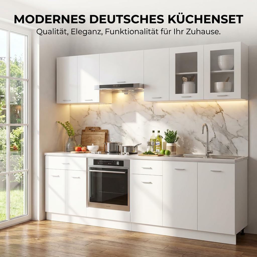 ACAGALA Blocco cucina 240 cm posizionabile variabilmente, 8 pz. Cucina componibile da incasso, Bianco Pannello truciolare, Cucina Completa, Set di Mobili, Mobile Base, Mobile da Cucina, Pensile, senza