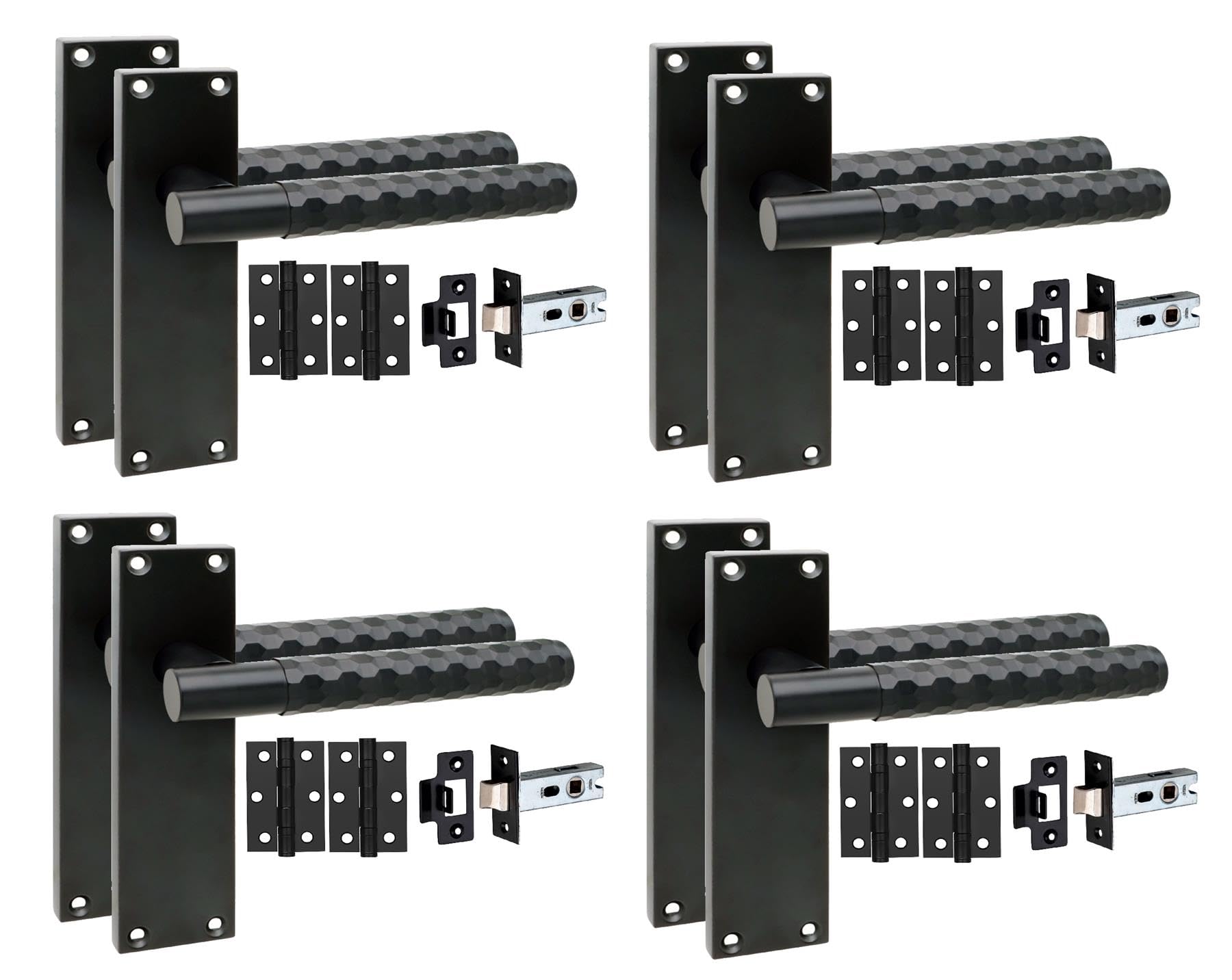 Golden Grace 4 Pairs Victorian Knurled Hex Cut Door Handle Matt Black With 2.5" Latch & Hinges150mm X 40mm from B&Q