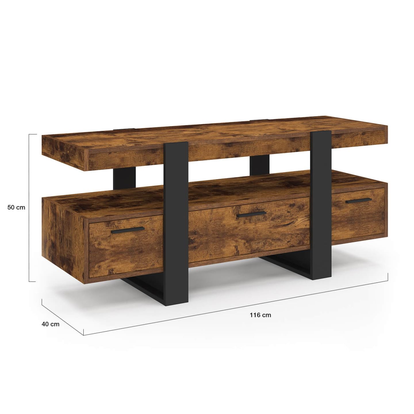 IDMarket - Meuble TV 116 cm Phoenix avec tiroirs Bois Effet Vieilli et Noir