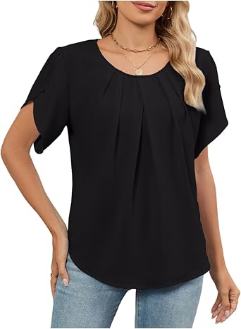 Summer Tops for Women 2026 Round Neck Basic Tops Short Sleeve Loose Fit Pleated T Shirts Dressy Casual Blouses Spring