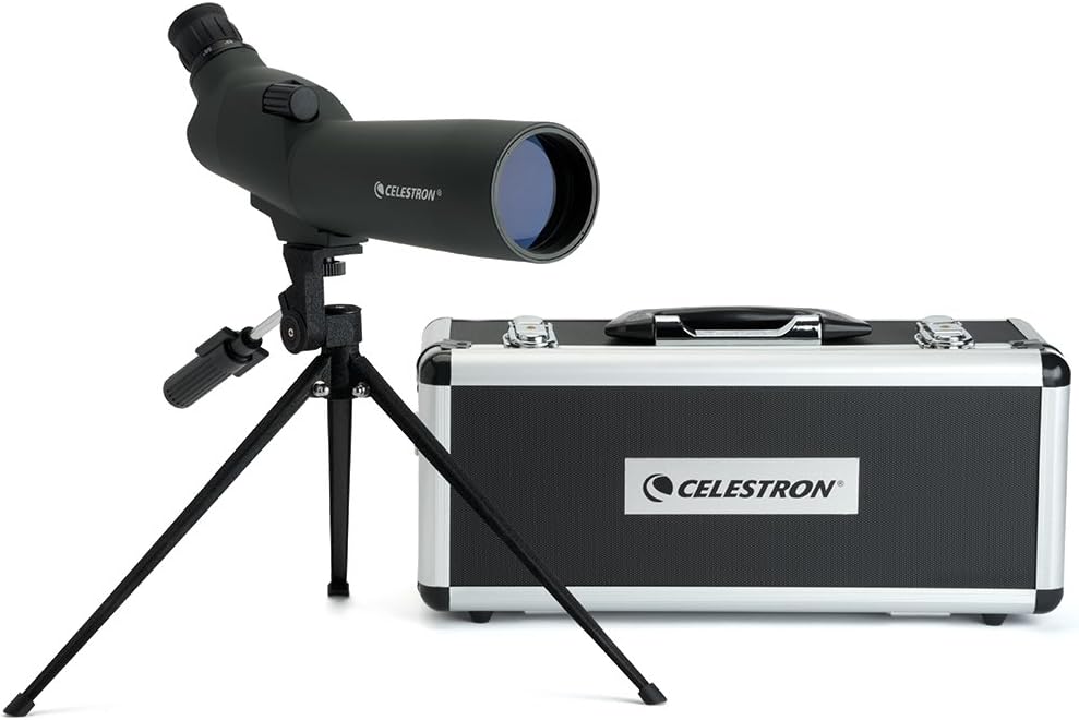 Celestron – UpClose 60mm Angled Spotting Scope – Fully Coated Optics – 20-60x Zoom Eyepiece – Rubber Armored – Tabletop Tripod Included – Great Spotting Scope for Beginners