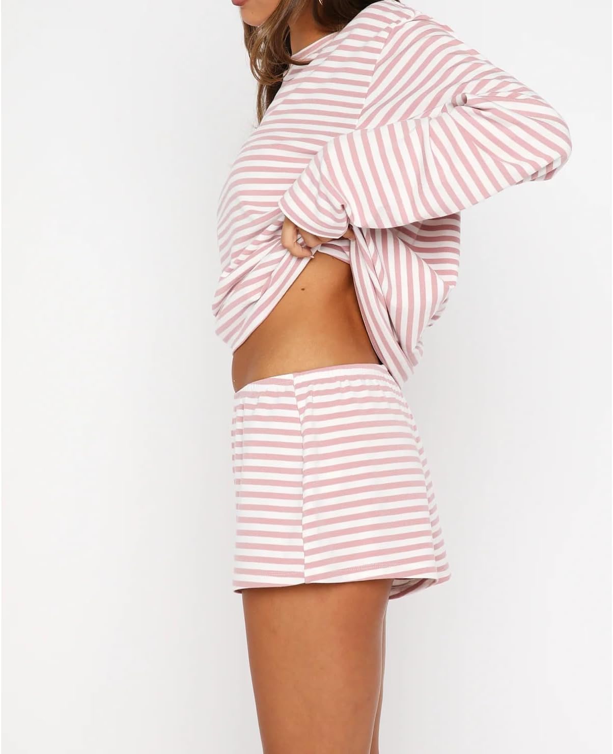 Womens Striped Long Sleeve Pajama Sets 2 Piece Pjs Y2k Outfit Lounge Matching Short Set Sleepwear - Image 3