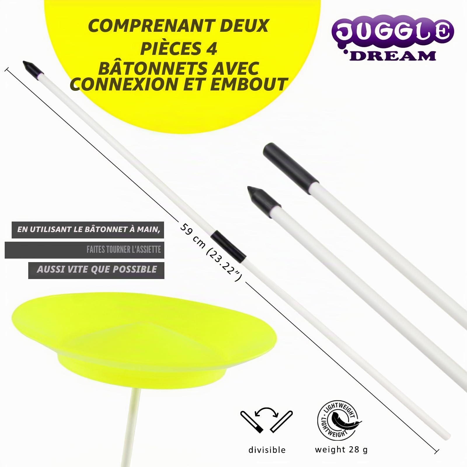 Juggle Dream Kit 4 Assiettes Chinoises 4 Bâtons Divisibles - Plat de Jonglage Chinois