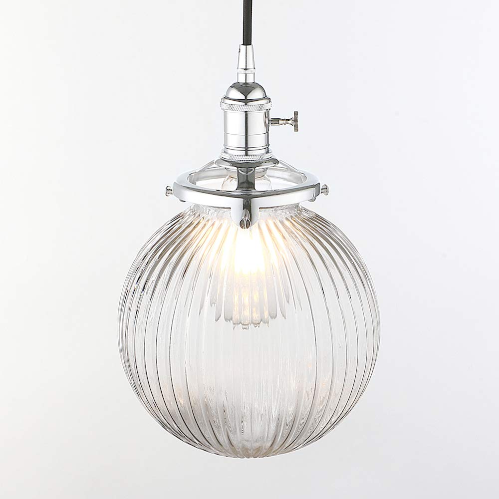 Yosoan Chrome Vintage Edison Switch Pendant Light Fiting With Ribbed Globe Glass Shade, Industrial Pendant Light Fitting Chandelier For Kitchen Dining Room Bedroom Restaurant,200Cm Black Cable (Chrome)