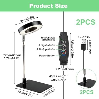 Grow Lights for Indoor Plants, 2-Pack 48 LED Full Spectrum Plant Light with Detachable Base Height Adjustable Halo Growing Lamps with 3 Color Modes Auto Timer 3/9/12H and 10 Dimming Brightness [Energy Class A+++]