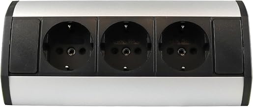 kalb | Undermount / Countertop Socket 3-Way Corner Socket, Aluminium Housing with 100 cm Cable and Schuko Plug, Silver