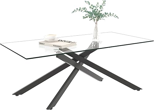 Miniatura 3 de HomVent Mesa auxiliar rectangular de vidrio templado transparente de 47.2 pulgadas, diseño elegante con patas de metal negro, mesa de centro para
