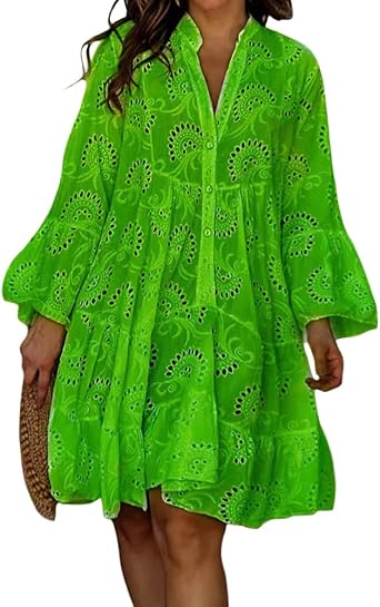 DMOYALA Eyelet Dress for Women Embroidery Ruffle Mini Dresses Summer Casual Flowy Cotton Dresses Lace Button Tunic Dress