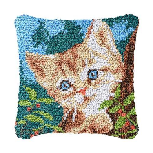 Image of bositigo Cat Latch Hook Pillow Kit for Adults & Kids, DIY Pre-Printed Canvas Craft, 17x17 Inch Decorative Cover for Sofa Cushions, Bedroom Decor (Cat Pattern 28)