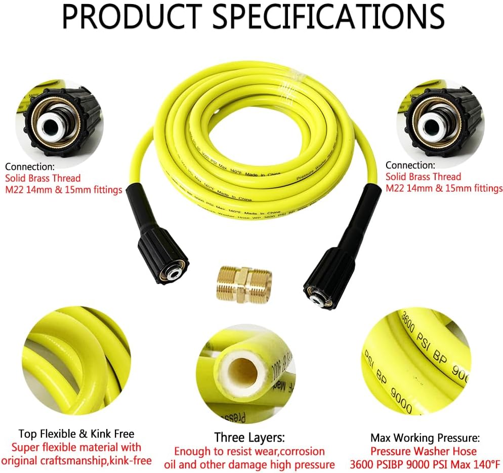 15FT-200FT Customizable Daily high-pressure cleaning hose M22-14mm to M22-15mm extension connector kit Super Flexible Pressure Washer Hose 0.5M-30M (M22 I14 I15,50FT)
