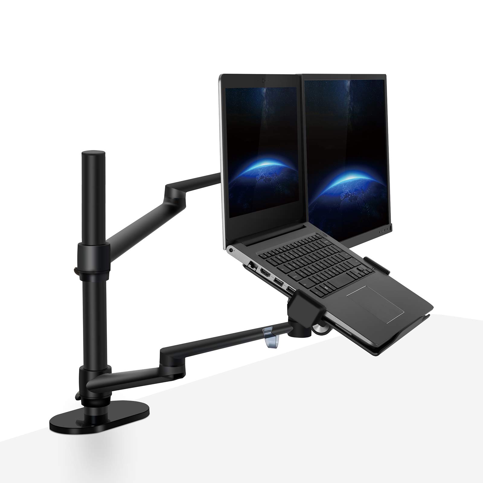 Soporte para monitor de doble brazo y portátil, giro en cualquier ángulo, cada brazo soporta 8 kg (negro)