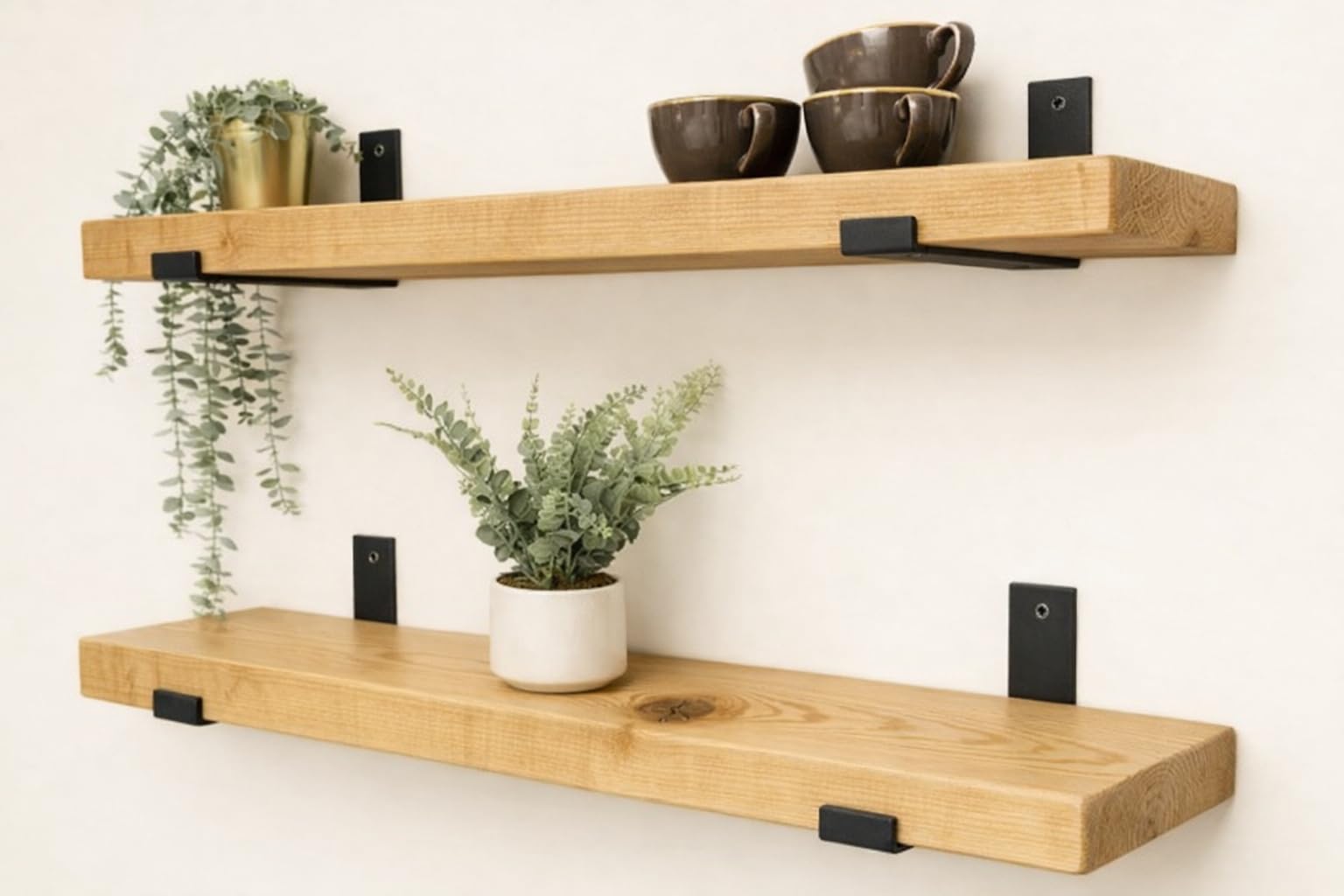 Rustic Floating Shelf, 6x2 with Black Brackets, Solid Pine, Wall Mounted — image 1