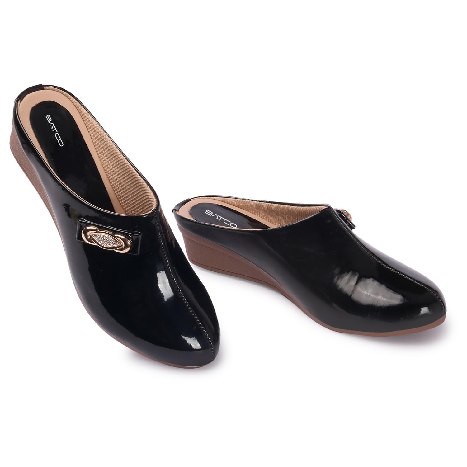 women slip on mules, wedge heel sandals and half formal shoes with open back & comforable footbed