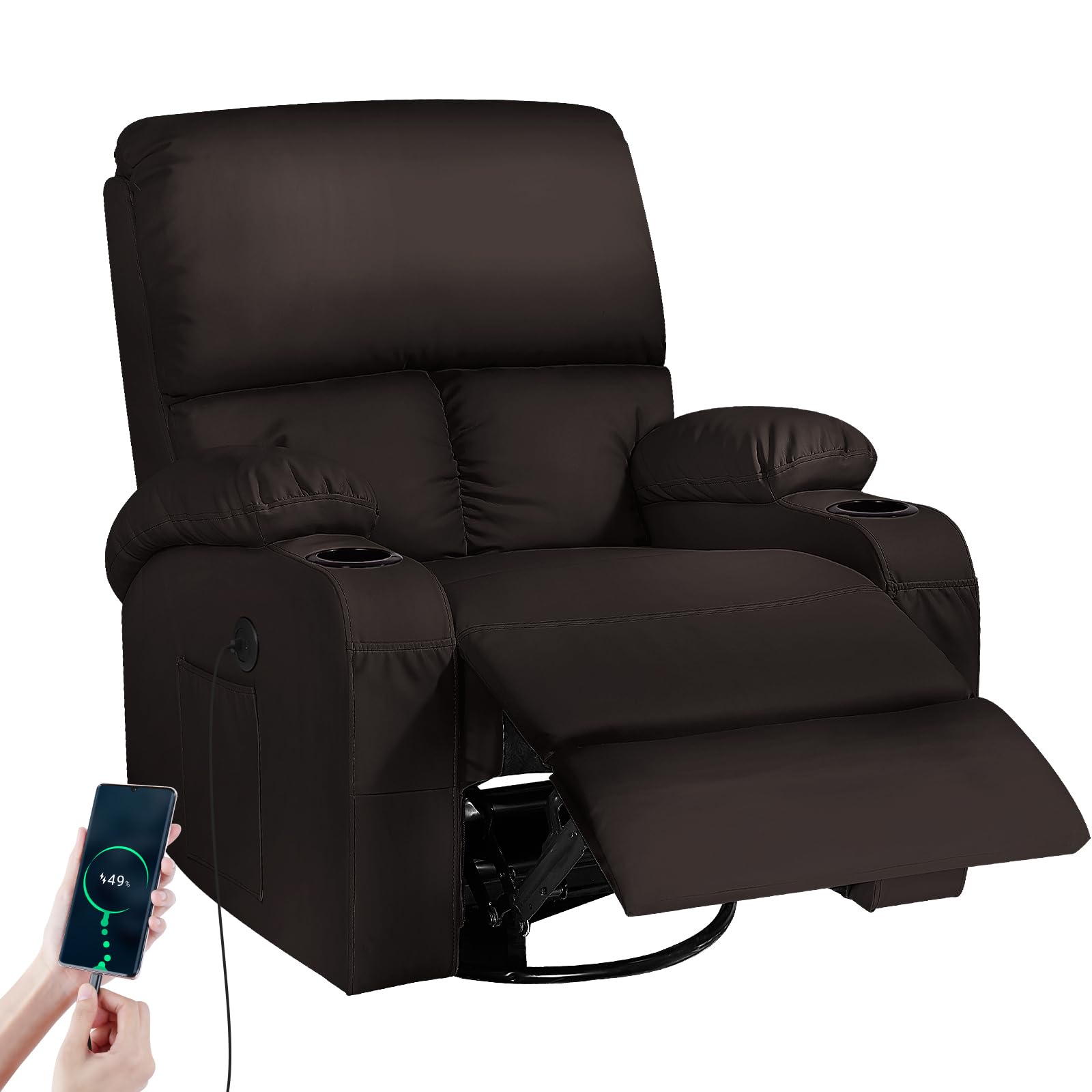 Rocking Recliner Chair, Massage Rocker Recliner Chair with Vibration Massage and Heat, USB and Type-C Ports,360° Swivel Faux Leather Chairs, Living Room, Bedroom, Nursery, RV, Brown