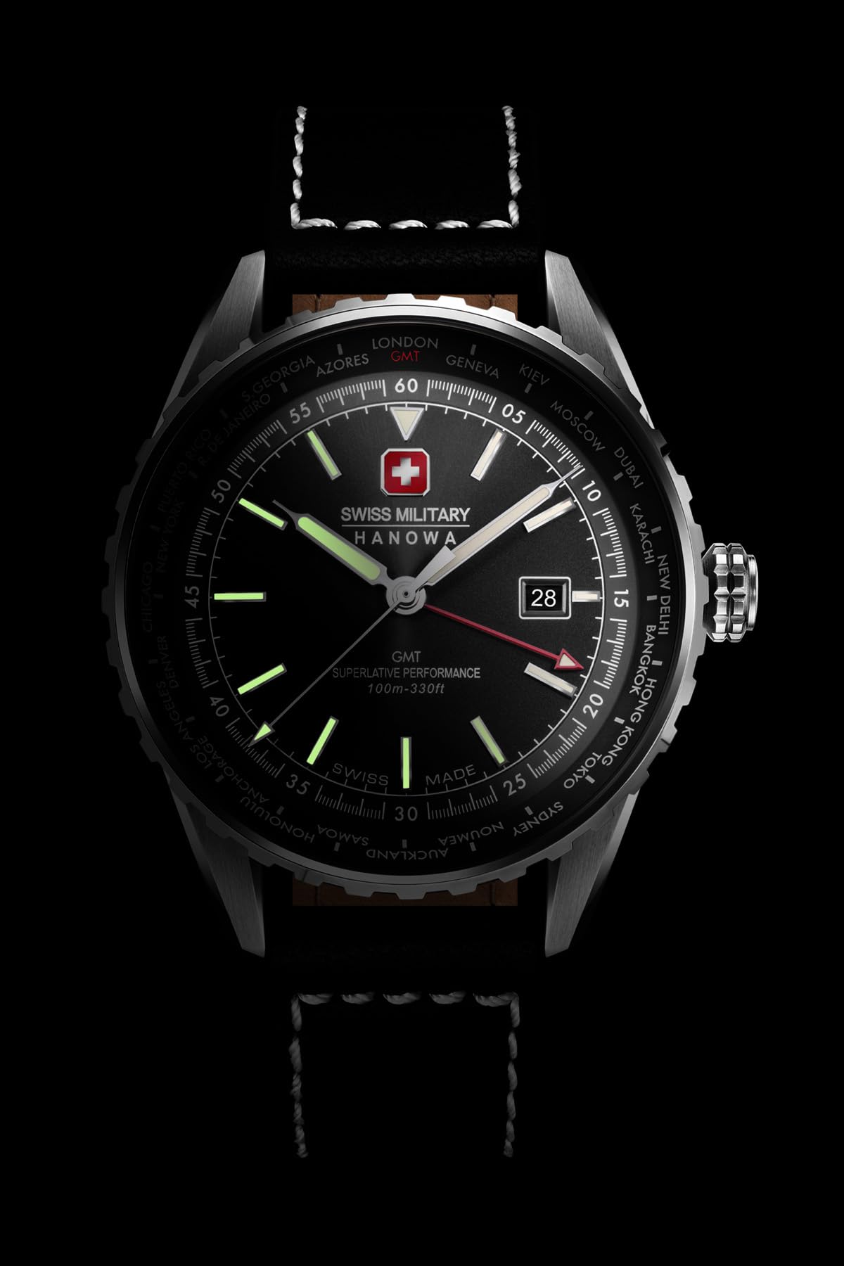 Swiss Military Hanowa Afterburn GMT Herrenuhr mit Lederarmband oder Metallband mit Datum und Saphirglas