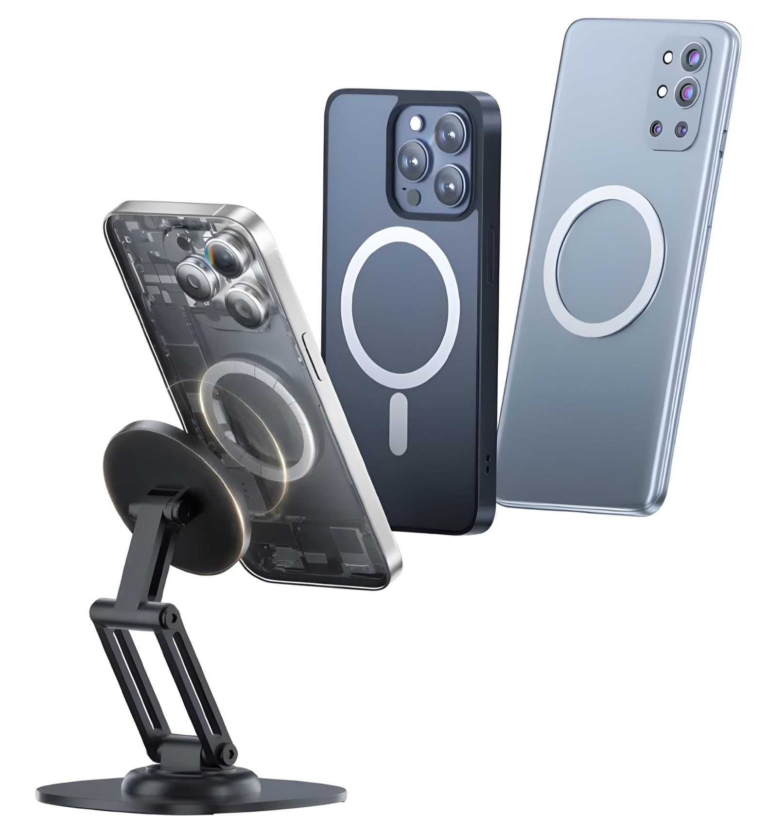 Magnetic Phone Stand Holder for Desk with Extra Magnet Rings, Sturdy and Stable, 360 Degree rotatable, Flexible 3 Angle Adjustments 10.8cm x 7.8cm x 9.6cm Metal Design, NOT A Charger-image-42