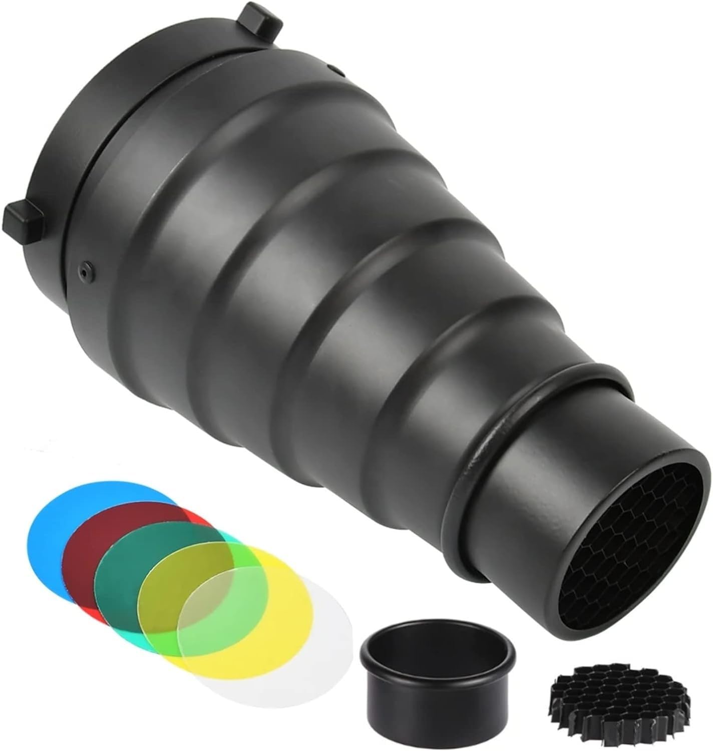 Aluminiumlegierung Konischer Snoot mit Wabenraster und 5 Farbfilter-Set, kompatibel mit Bowens Mount Studio Strobe Monolight Fotografie Blitz