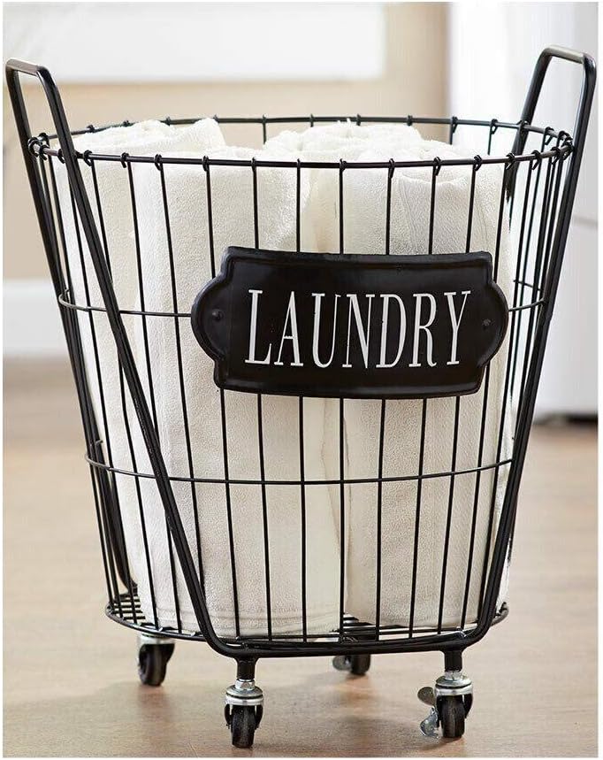 Vintage Industrial-Style Rolling Laundry Room Basket Cart Clothes Hamper Bin