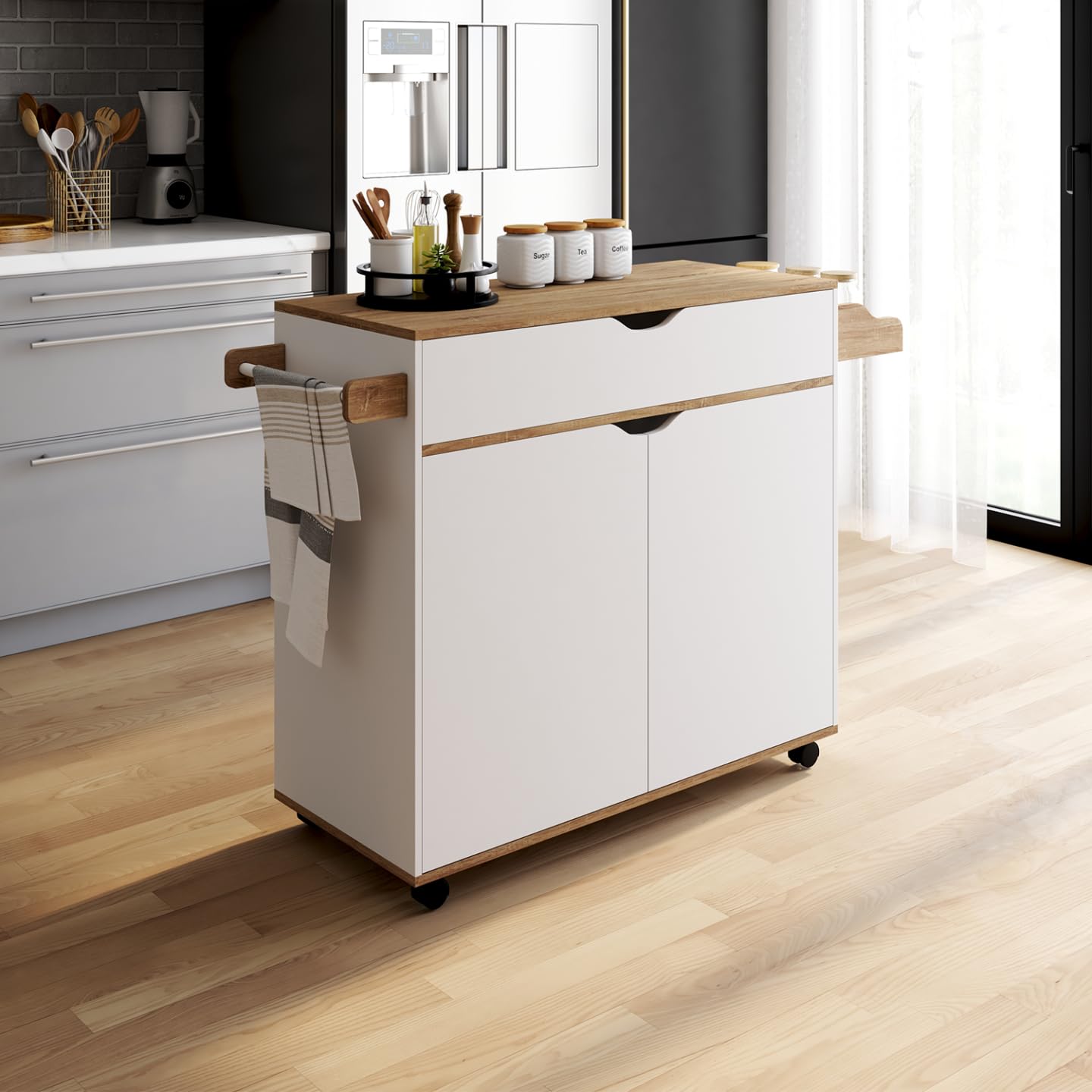 IDMarket - Küchenschrank COSY XXL mit weißer Schublade und Buchenholzplatten B.90 CM