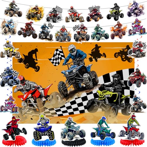 Four Wheeler ATV Quad Bike Themed Birthday Party Decorations for Dirt Bike Banner Backdrop Honeycomb...