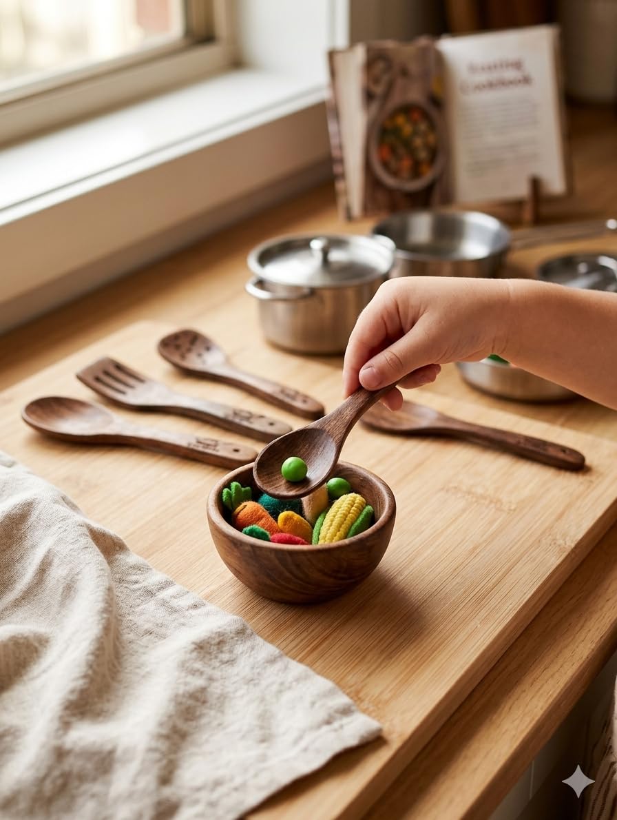Neem Wooden Kitchen Utensils Set for Kids 7 Piece, Child-Sized Montessori Pretend Play Accessories, Sensory Learning Toy for Imaginative Cooking Activity-image-39