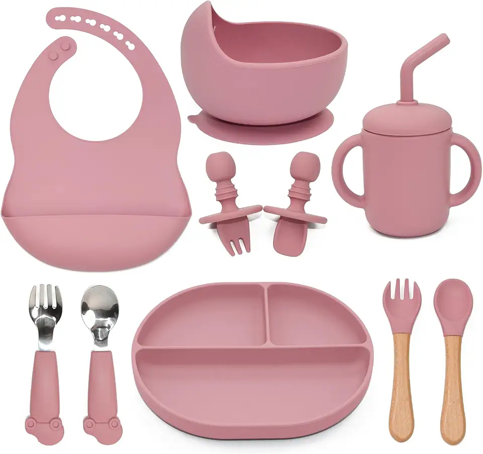 Silicone Baby Feeding Set, 10PCS Baby Led Weaning Supplies with Suction Bowl and Divided Plate, Bib Baby Cup Spoons Forks -Baby Feeding Essentials for 6+ Months