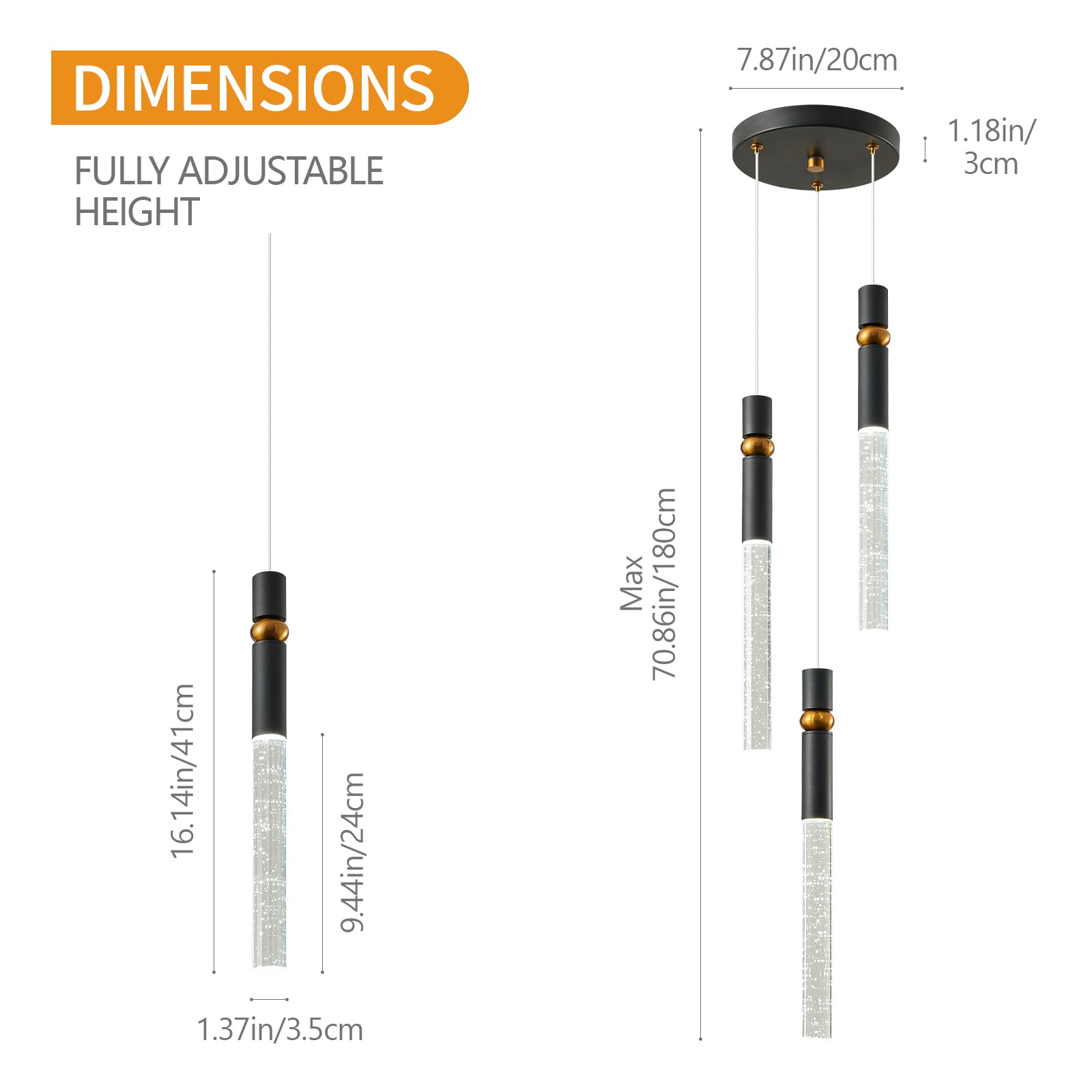 LMQNINE Kitchen Light Fixtures Ceiling Dimmable LED Modern Black Mini Pendant Light with Bubble Crystal Pendant Lighting for Kitchen Island Bedroom Dining Room (3-Light)