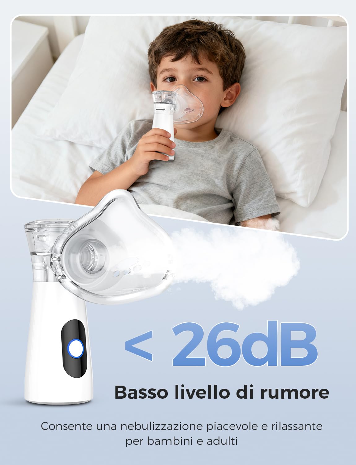 YOHOOLYO Aerosol Portatile Silenzioso Nebulizzatore 26dB, 2 Modalità, Ricarica USB-C con Autopulizia, Include 2 Maschere e Boccaglio per Adulti e Bambini, Leggero, per Viaggi e Uso Domestico