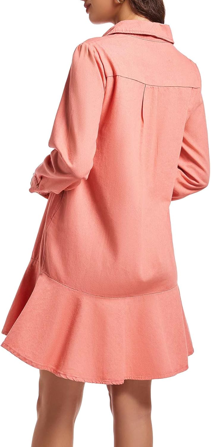 Women's Long Sleeve Denim Shirt Dress Button Down Ruffle Flowy Collared Mini Shift Drop Waist Jean Dresses - Image 4