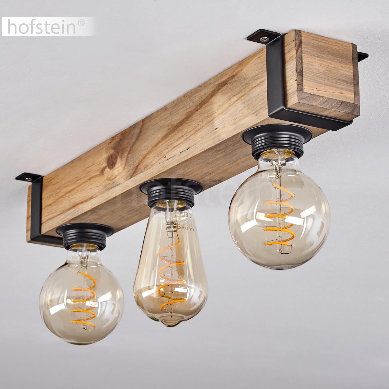 HOFSTEIN Deckenleuchte Montgomery, 3-flammige Deckenlampe aus Holz/Metall in Natur/Schwarz, Leuchte im Industrial/Retro/Vintage-Design mit Holzbalken, E27, Esszimmer, Küche, Wohnzimmer, Schlafzimmer