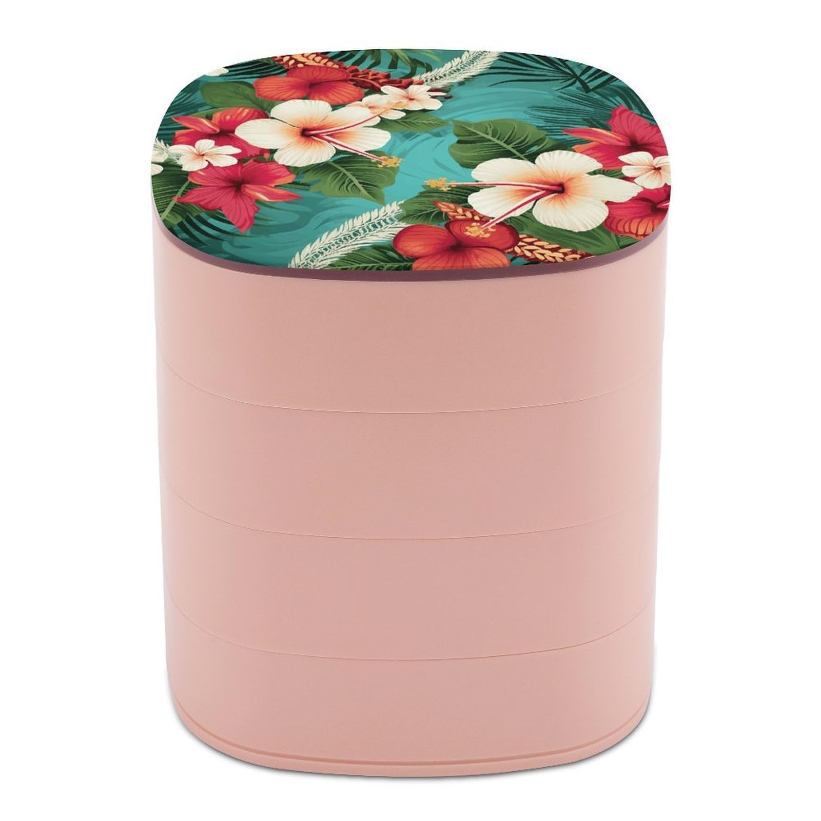 VstaDank Hawaiian Flowers on Green Background Jewelry Box 360° Rotatable Jewelry Organizer 4 Layers Jewelry Case with Lid Fashion Portable Earring Holder for Bracelets Rings Bracelets Vanity