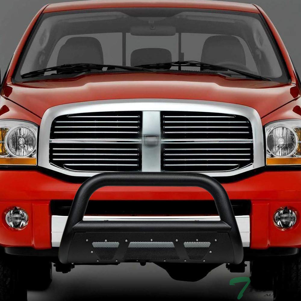 Textured Black Studded Mesh Bull Bar Brush Push Front Bumper Grill Grille Guard with Skid Plate Compatible with 06-08 Dodge Ram 1500