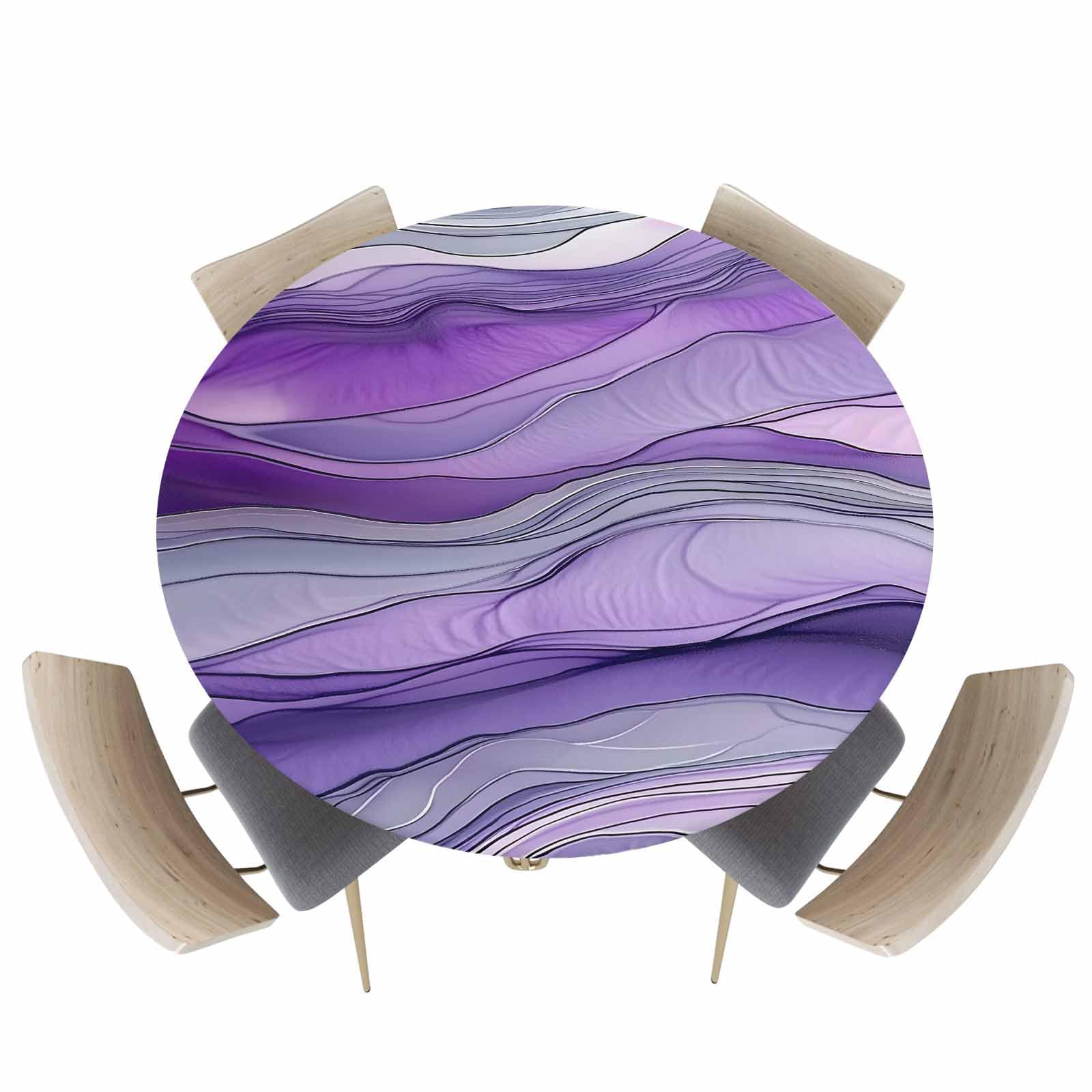Round Fitted Tablecloth with Elastic Edged, Abstract Art Purple Gray Wave Fitted Circle Tables Cover Wipeable Waterproof Table Cloth for Indoor